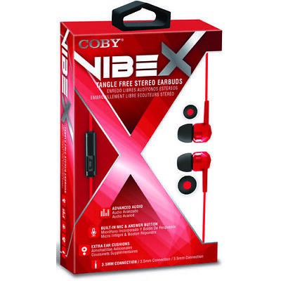 Coby CVE-147-RED Vibe X Tangle Free Plastic Earbuds W/ Mic
